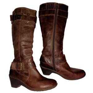 B.O.C. Brown Leather Buckle Zip Chunky Block Wedge Heel Boots Womens Size 9